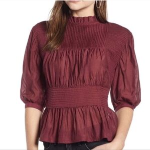 SOMETHING NAVY NWT BURGUNDY RUFFLE NECK STRUCTURED FIT SHIRT SIZE SMALL